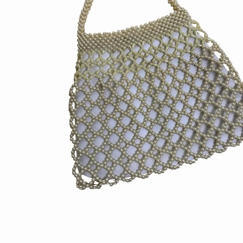 Faux Pearl Purse Bag Single Handle Zip Top Ivory